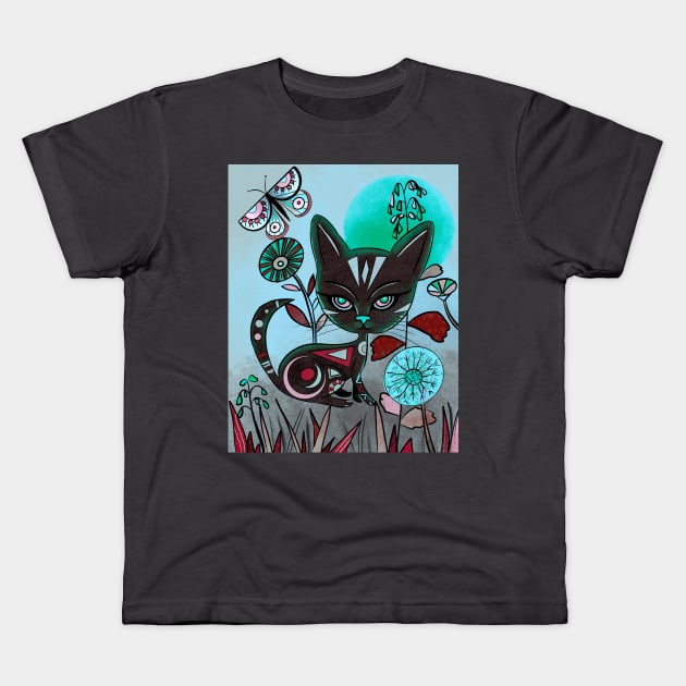 Mid century black cat art Kids T-Shirt by Shadesandcolor